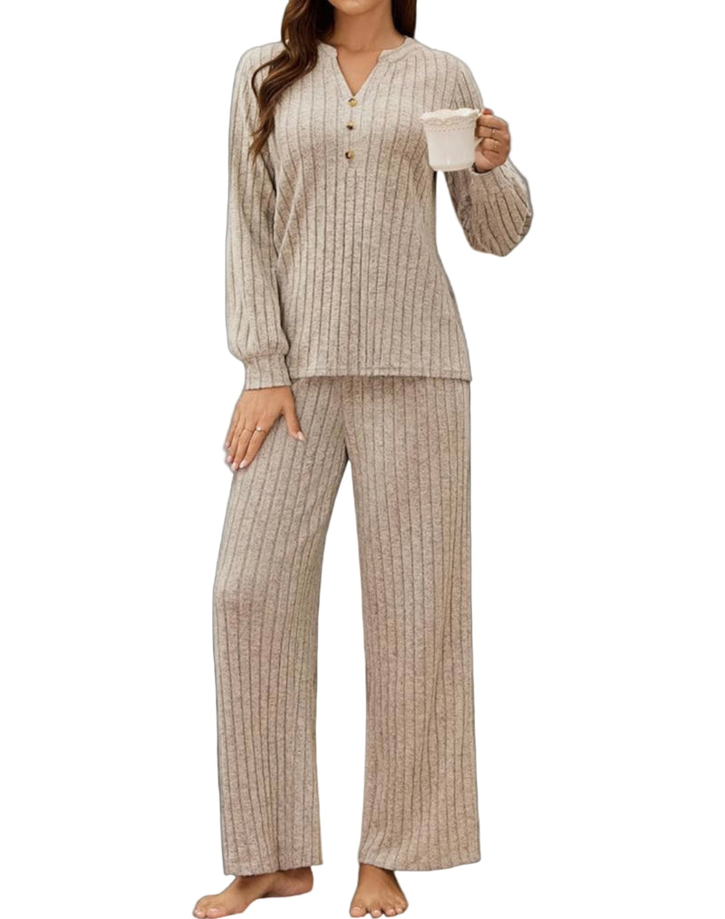 Rose - Two Piece Ribbed Soft Cotton Long Sleeve Lounge Set