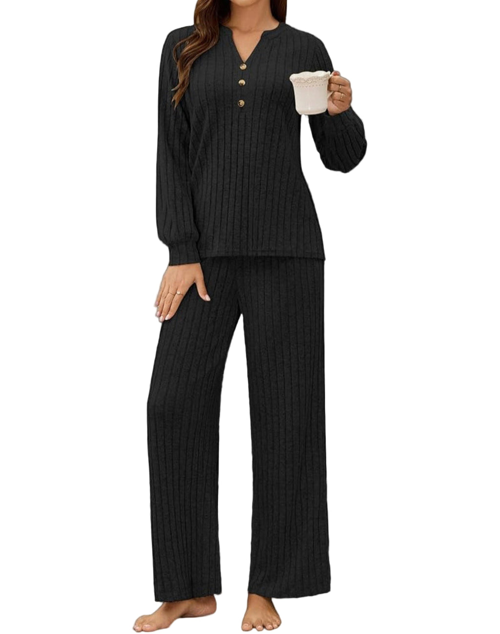 Rose - Two Piece Ribbed Soft Cotton Long Sleeve Lounge Set