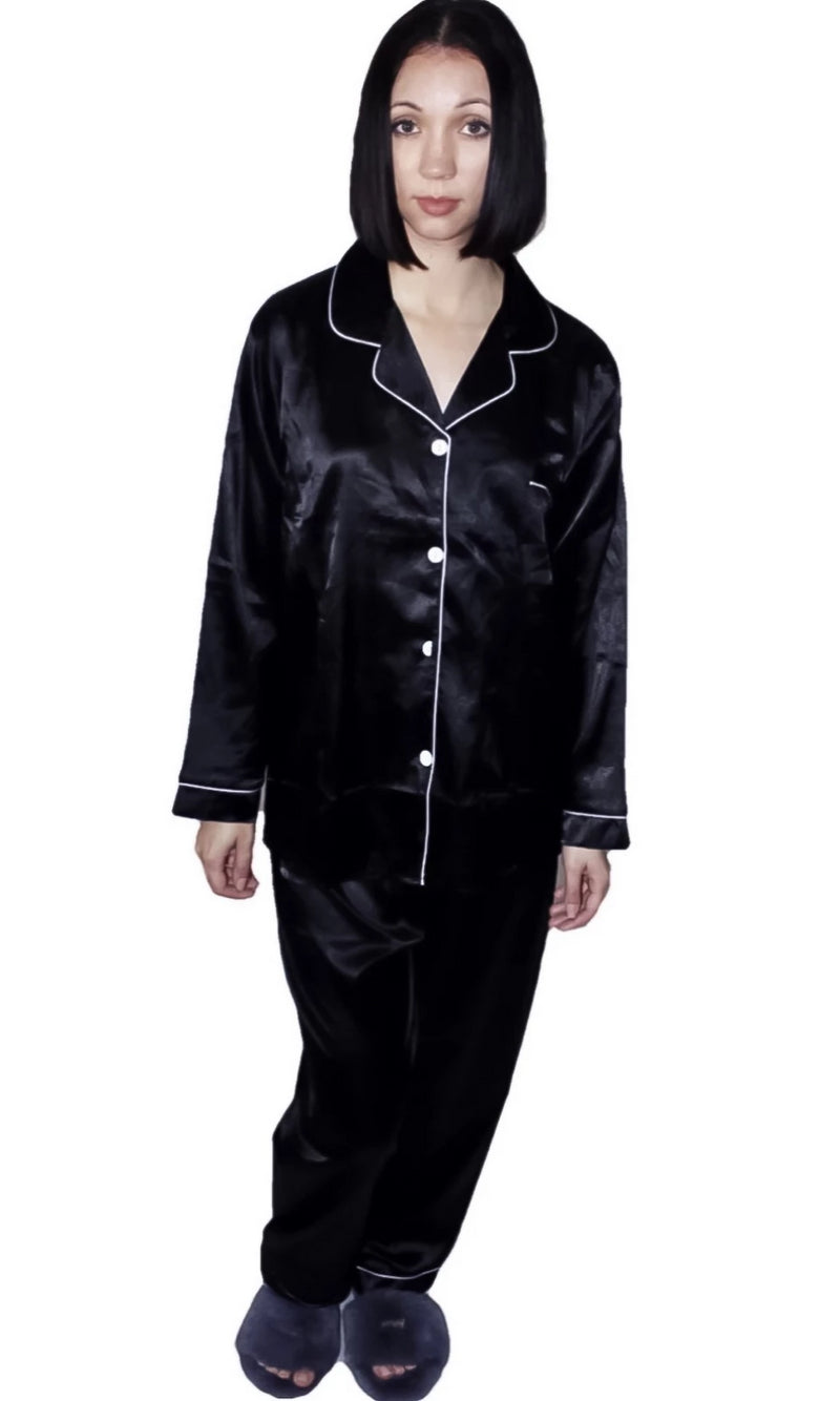 Dortheia Classic Two Piece Satin Pajama Pant Set with Button Up Blouse