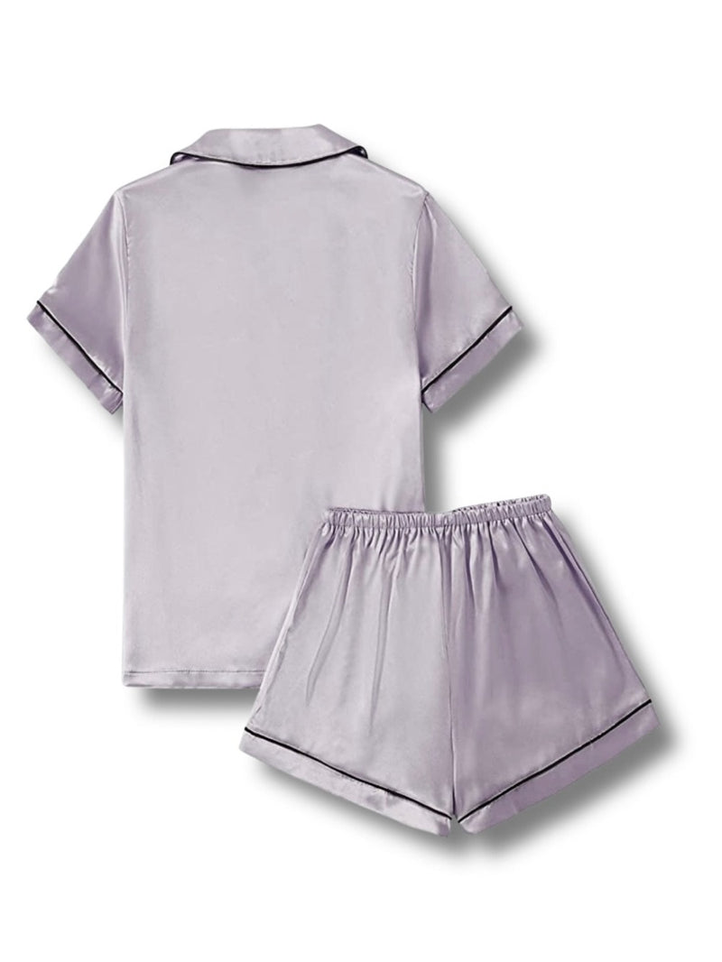 Milan Satin Night Set with Button Up Short Sleeve Blouse and Shorts