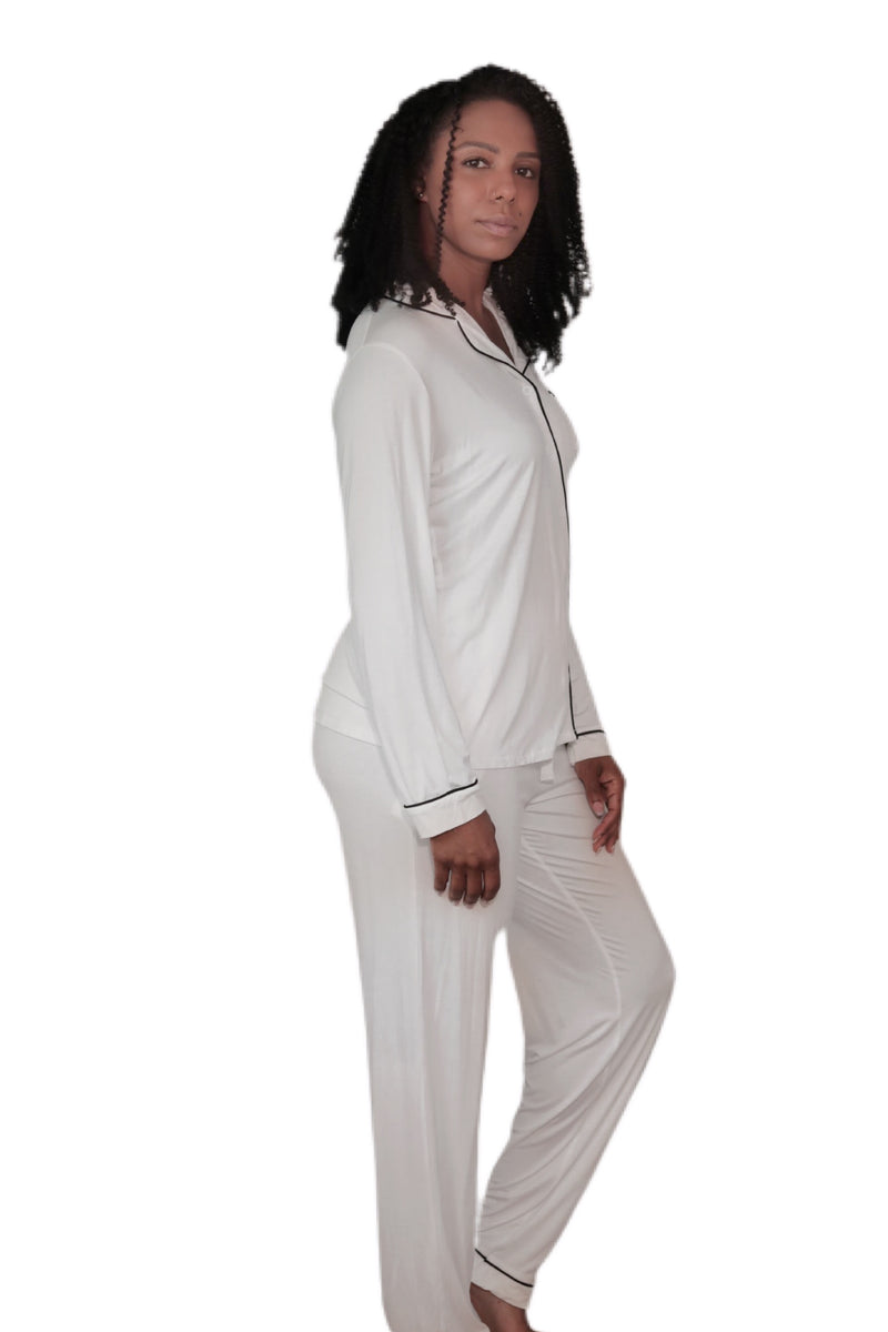 Ruby Bamboo Cotton Classic Two Piece  Pajama Pant Set with Button Up Blouse