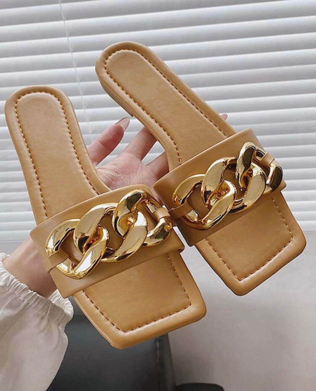 Tan gold chain sandal