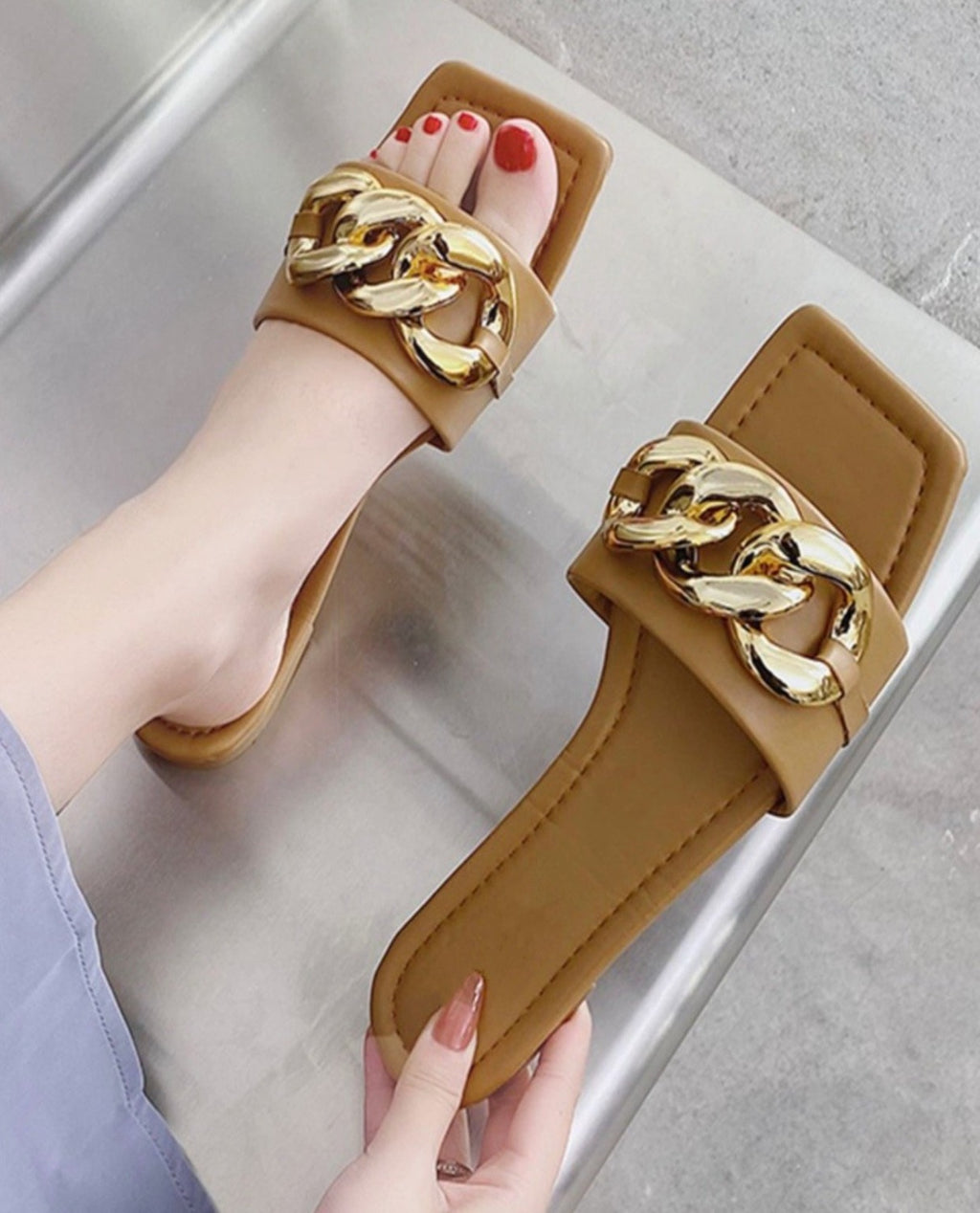 Tan gold chain sandal
